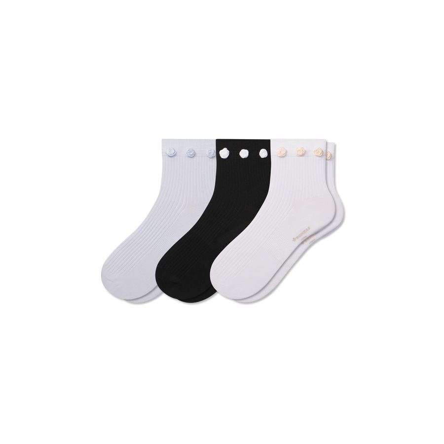 Women's Rosette True Rib Quarter Sock 3-Pack - Simple Style