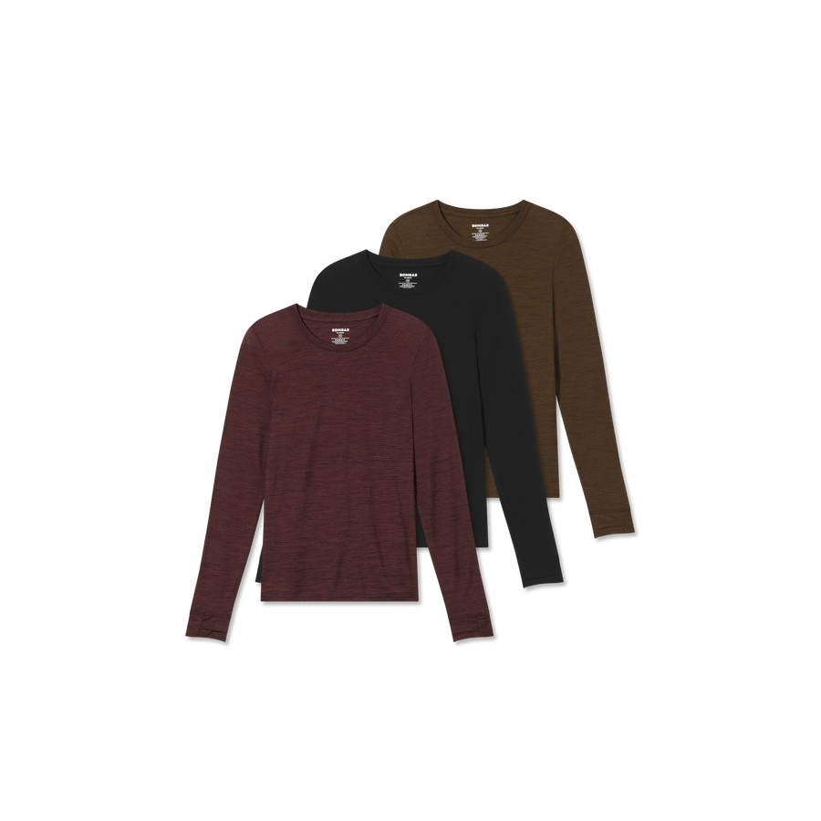 Women's Merino Wool Blend Crew Neck Long Sleeve T-Shirt 3-Pack - Daily Comfort
